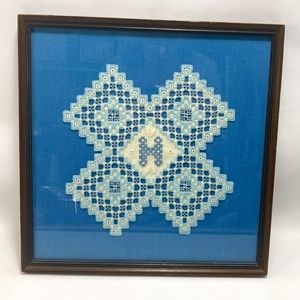 Antique Hardanger Norway Embroidery Scandinavian Immigrant Framed Doily Letter H
